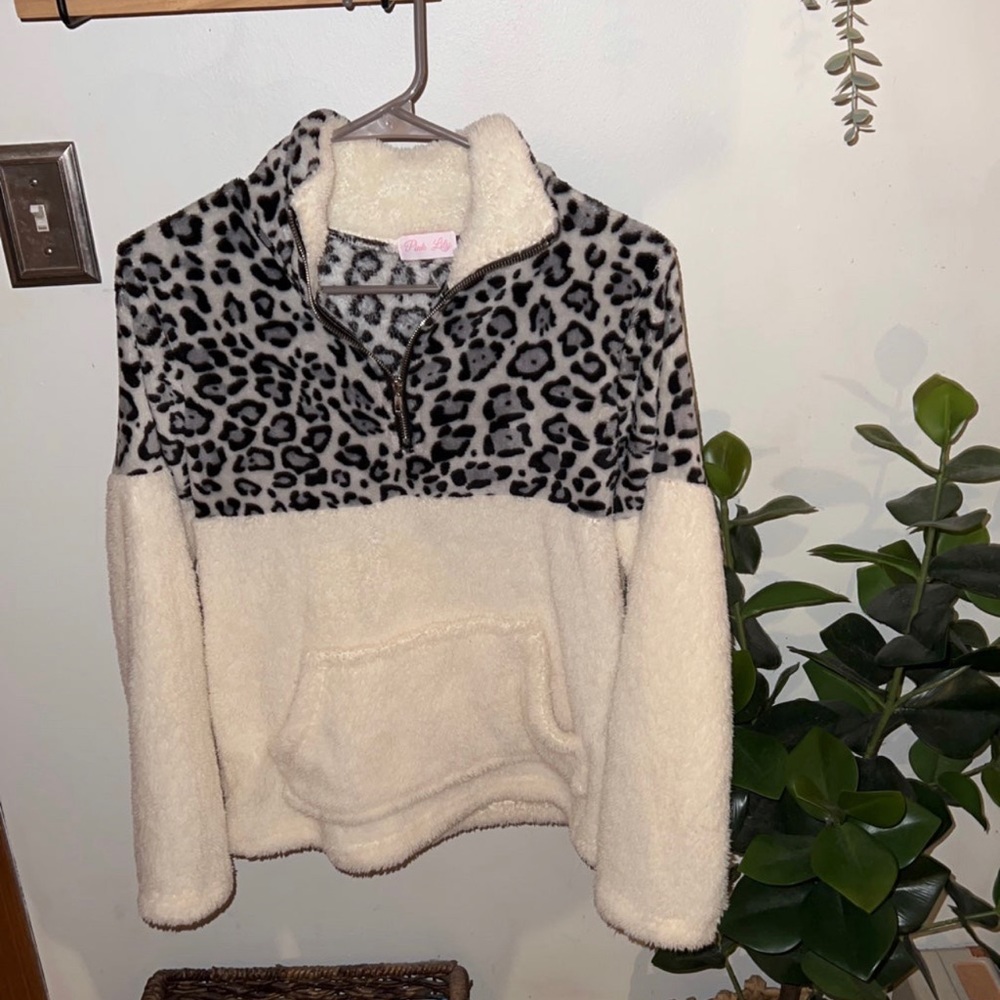 Pink Lily Leopard and Cream Quarter Zip Sweater- Size Small